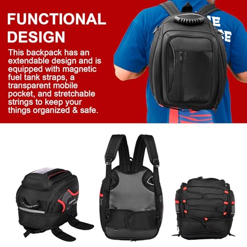 Image of Allextreme Magnetic Tank Bag for Bike | Universal Fit Expandable Motorcycle Storage with Rain Cover, Shoulder Strap & Multi-Pocket Design | Travel Gear for Touring, Camping & Commute (21L, Black)