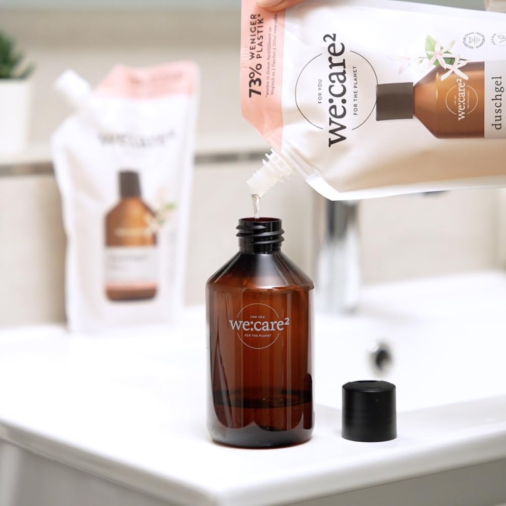 we:care² 8 bolsas de recarga de gel de ducha de 500 ml, jazmín/té verde, paquete de recarga de gel de ducha sostenible y vegano, sin siliconas, parabenos y microplásticos, recarga de jabón líquido