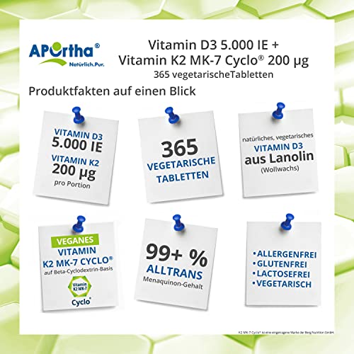 APOrtha Vitamin D3 5.000 I.E + 200 µg K2 99+% ALL-Trans, 365 vegetarische Tabletten hochdosiert u. teilbar, Premium Vitamin D und K Tablette leicht zu schlucken - Alternative zu Tropfen und Kapseln