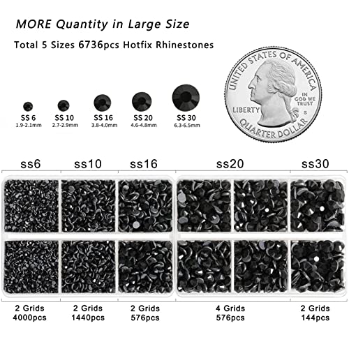 Image of 6736pcs Hotfix Rhinestones Flatback,Black Rhinestones for Crafts Clothes Mixed 5 Sizes, Hotfix Crystals with Tweezers and Wax Pencil Kit, SS6-SS30,Jet Black