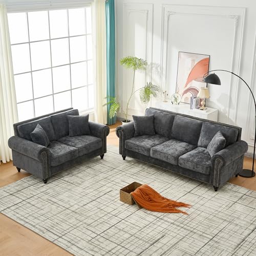 GEEVIVO Chesterfield Velvet Tufted Sofa, 86.5" 3-Seater & 63.5" 2-Seater Set Upholstered Couch Nailhead Trim and Rolled Arms Modern Loveseat for Living Room, Bedroom, Office, Apartment, Grey