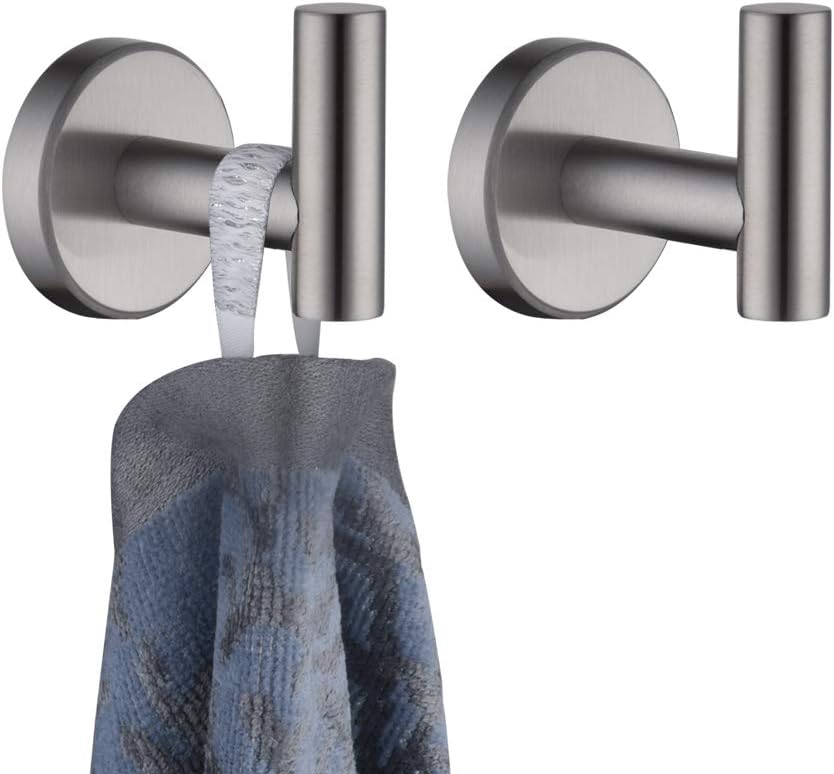Bathroom Towel Hook Brushed, Coat Robe Clothes Bath Wall Hooks for Kitchen Garage SUS 304 Stainless Steel Thick 0.8mm, 2 Pack Brushed Steel, TH100-BN-P2