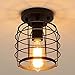Create For Life® Industrial Vintage Flush Mount Ceiling Light,Rustic Metal Cage Pendant Lighting Lamp Fixture for Hallway Stairway Kitchen Garage, E26, Black Painting Finish