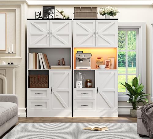 Image of Kitchen Pantry Storage Cabinet with LED Lights and Power Strip, Tall Farmhouse Kitchen Pantry with Barn Doors and Drawers, Adjustable Shelves for Dining Living Room (White)