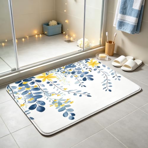 Blue Eucalyptus Yellow Floral Bath Mat, Watercolor Leaf Botanical Floor Rug