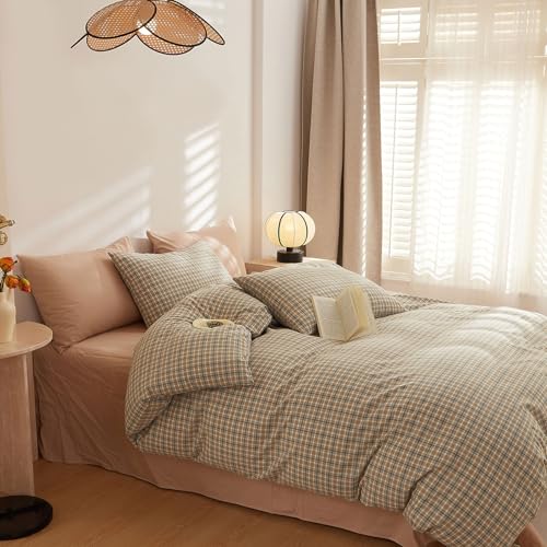 Image of EAVD Retro Tan Gingham Duvet Cover Queen Khaki Brown Grid Plaid Bedding Set Soft 100% Washed Cotton Like Linen Feel Soft 3-Piece Brown Vintage Checkered Plaid Duvet Cover with Zipper Closure