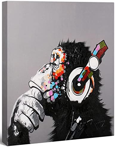 Modern Pop Art Decor - Framed - Thinking Monkey With Headphones Canvas Print Home Decor Wall Art, Gallery Wrap Inner Frame, 7x9