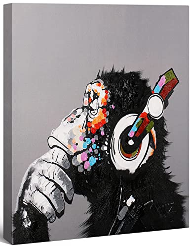Modern Pop Art Decor - Framed - Thinking Monkey With Headphones Canvas Print Home Decor Wall Art, Gallery Wrap Inner Frame, 7X9 #TOP14