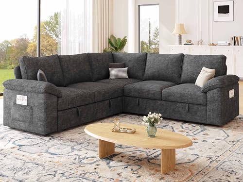 SUAWY 85 Inch Modular Sectional Sofa with Pull Out Bed,L Shaped 5 Seat Sectional Sleeper Sofa with Storage,Sectional Couches for Living Room,Cloud Modular Couch,Removable Sofa Cover, Dark Grey