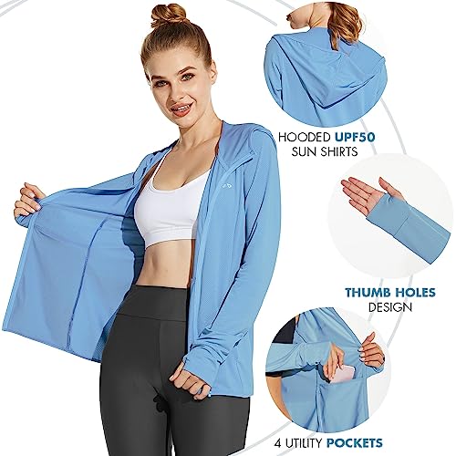 Baleaf Women's Zip Up Sun Shirts Spf Upf 50+ Hoodie Jackets Hiking Thumb Holes Lightweight Quick Dry Outdoor Blue L #TOP4
