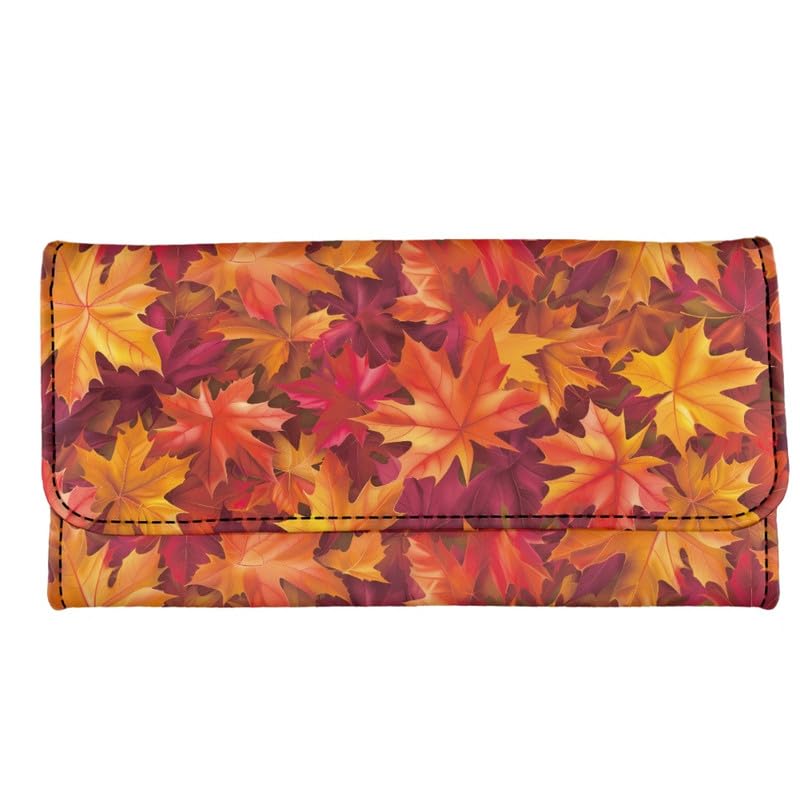 Fall Maple Leaves Leather Trifold Wallet for Women Orange Falling Leaf Print Magnet Buckle Card Holder Purse, Autumn Style Long Slim Wallet Zipper Money Manager3