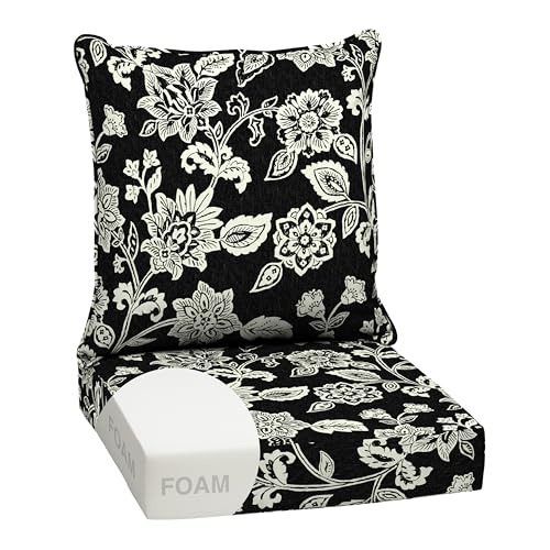 Image of Arden Outdoor Foam Deep Seat Cushions Set, 24x24, Premium High-Density Foam, Never Flattens, Weather-Proof for Patio Chair Sofa Couch, Ashland Black Jacobean