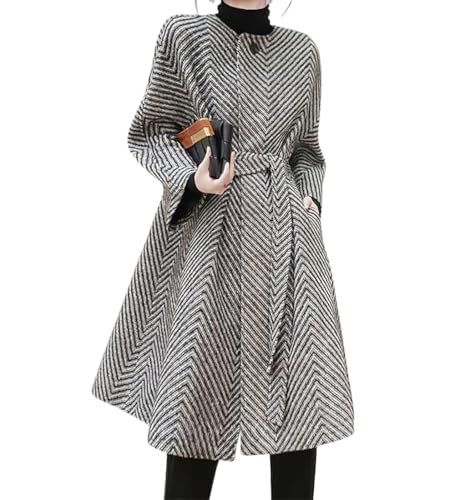 chouyatou Women's Herringbone Collarless Blazer Wool Coat 3/4 Sleeve Mid Long Trench Coat with Belt