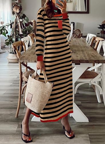 Dokotoo Fall Dresses for Women 2024 Striped Color Block Long Sleeve Crewneck Side Splits Casual Loose Long Maxi Dress2