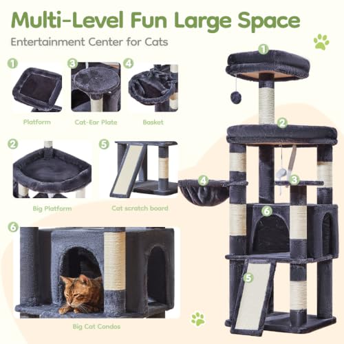 Image of Taoqimiao Sturdy Cat Tree, Cat Tower for Indoor Cats, Extra-Large Platform | 58.7Inch, Widened Cat Condo with Large Scratch Board, Top Perch, 6 Sisal Scratching Posts, Soft Basket, Smoky Gray MS045SG