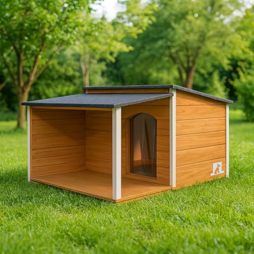 Outentin Hundehütte Isoliert Winterfest XL - Hundehaus mit Flachdach & Terrasse Für Große Hunde - Stabile Hütte für Draußen - Wetterfest Haus mit Wärmedämmung - 123 x 105 x 73 cm - Eiche