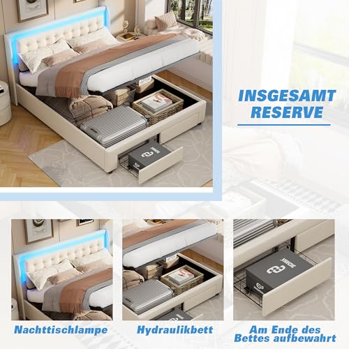 SHAODENG Boxspringbett 180x200 Doppelbett mit LED-Kopfteil, Hydraulisch Stauraumbett mit 2 Schubladen, Bettgestell mit Stauraum und Lattenrost, Beige Samt Gepolsterte Bett, ohne Matratze