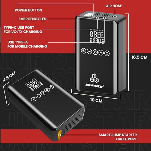 Image of Autofy VoltX 4-in-1 Car Jump Starter - 150PSi Car Tyre Inflator Pump Deflator - Powerbank - LED Torch - 8000mAH Battery - for Cars (Up to 6000cc) - 22mm Cylinder Most Heavy Duty [2 Years WARRANT'Y]