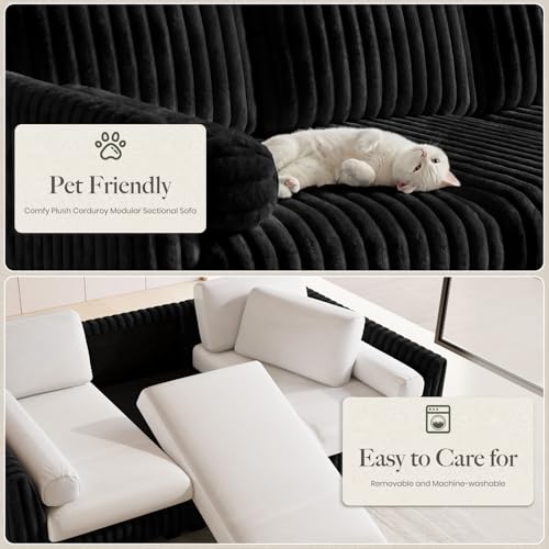 Image of Belffin Plush Corduory Sectional Sleeper Sofa with Wide Deep Seat Modular Sectional Cloud Couches for Living Room. Black Couch