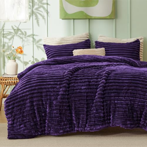 Image of Bedsure King Fluffy Comforter Set - GentleSoft 3 Pieces Luxury Fleece Purple Bedding, Cozy Room Decor Aesthetic, 1 King Bed Comforter (104 inchx90 inch) and 2 Pillowcases (20 inchx36 inch)