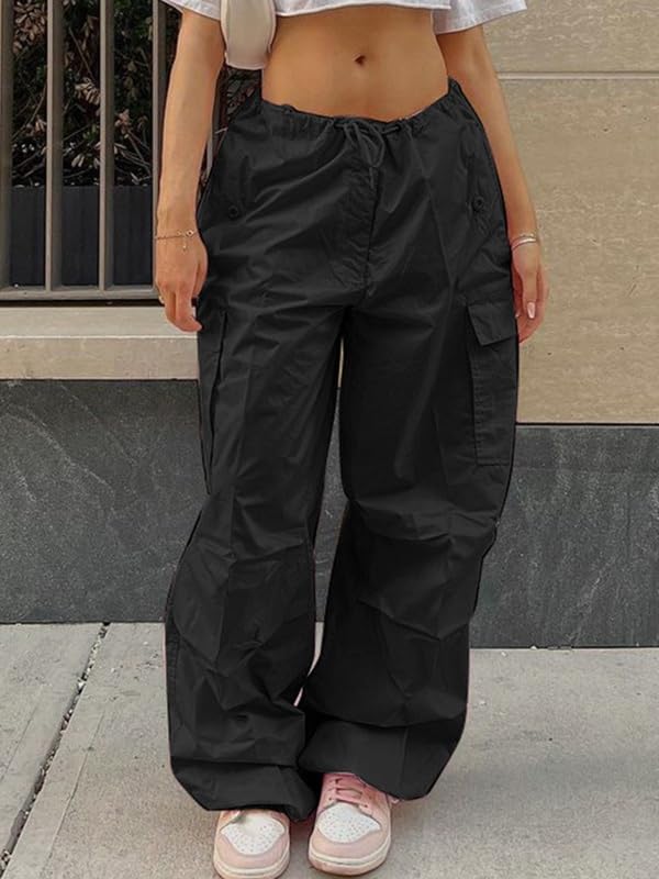 Cargo Pants for Women Baggy Parachute Pants with Pockets Low Waisted Loose Y2K Drawstring Casual Pants