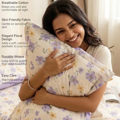 Image of VAS COLLECTIONS King Size Bedsheet Set Cloud Cotton 270x240 cm | Soft Breathable Flat Bed Sheet with 2 Pillow Covers |Floral Printed Bedsheet for King Bed | Durable Bedding Set, Lavender Blossom