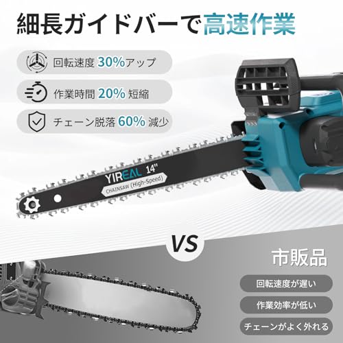 チェーンソー 電動ノコギリ 【山本造園会社監修】14インチ&12インチ 高速電動チェーンソー PSE認証済 ブラシレスモーター搭載 高切断力 軽量コンパクト 自動給油 工具不要 2個4.0Ah残量表示バッテリー付 マキタ18Vバッテリー対応可 家庭用 プロ用 枝切り木工切断 竹の伐採 庭木の剪定に最適 日本語取扱説明書 電動のこぎり 4枚目
