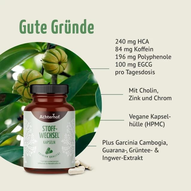 Stoffwechsel Kapseln (120 Kapseln) | Funktion aus Cholin, Zink und Chrom | plus Garcinia Cambogia, Guarana-, Grüntee- & Ingwer-Extrakt | für 60 Tage | vom Achterhof