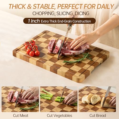 Image of Bamboo Cutting Boards for Kitchen, End Grain Wood Cutting Board with Juice Grooves & Handles, Charcuterie Checkered Chopping Board Thick Butcher Block Serving Tray with Gift Box, 16.5 inchx11.6 inchx 1 inch