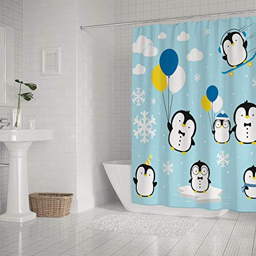 Rideau de douche polyester moderne motif petits pingouins avec crochets en C