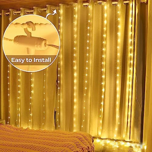 Joycome Solar Curtain Lights 3m x 3m 300 LED Outdoor Garden Solar Waterfall Fairy Lights with Remote, 8 Modes Waterproof Curtain Fairy Lights for Gazebo Pergola Wedding Party Decorations - Warm White