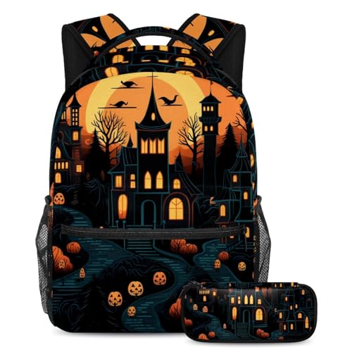 Ensemble cartable château d'Halloween avec sac à dos et trousse multicolore pour élèves