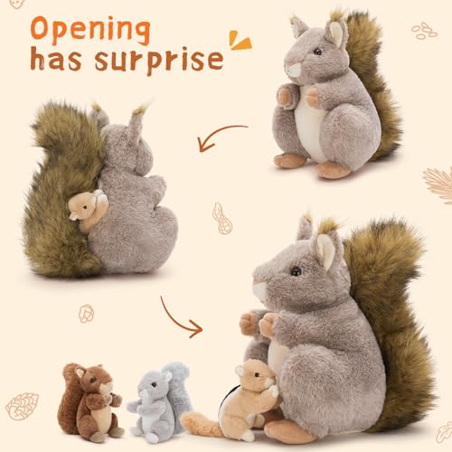 Image of MaoGoLan 4Pcs Squirrels Stuffed Animal, Realistic Squirrel Plush Toys with 3 Baby Squirrels for Small Hand, Adorable Stuffed Squirrels Gift for Forest Animal Lover,Girls,Boys,Kids,Baby Shower