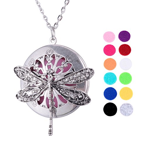 VALYRIA Alloy Dragonfly Locket Aromatherapy Essential Oil Diffuser Necklace with 12 Refill Pads