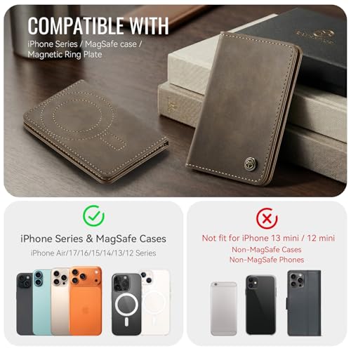 Image of Magnetic Wallet Card Holder with RFID Protection, PU Leather Slim Wallet, Strong Magnet Attachment for iPhone 18 /17 /16 /15 /14 /13 /12 Series Pro Max Plus Mini-Brown