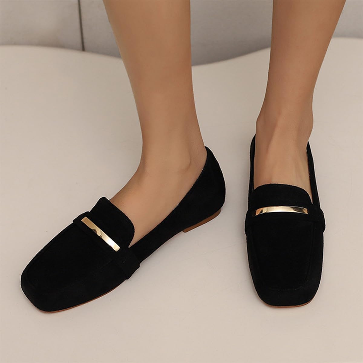 Mocasines Barra Metal Oro Mujer Ante Punta Cuadrada Planos Slip-On