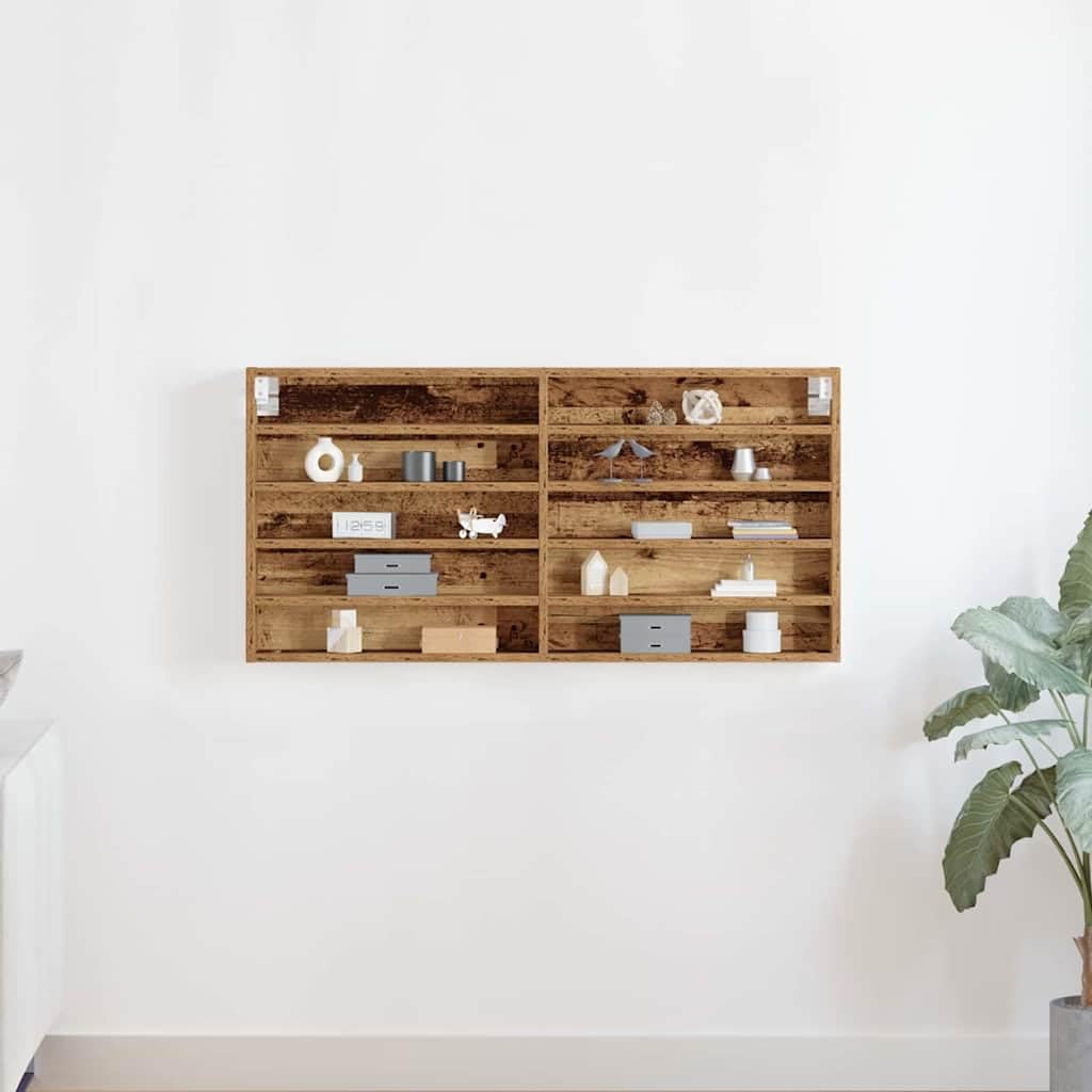 Vitrine mit 10 Regalen Altholz-Optik 100 x 8,5 x 50 cm Holzwerkstoff Schaukasten Wandvitrine für Sammlungen und Deko Schmaler Hängeschrank für Wohnzimmer Flur und Büro