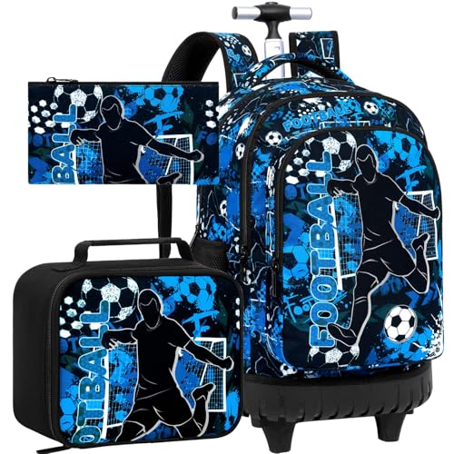AGSDON Mochila com rodinhas para meninos, mochila de rodinhas masculina, mochila escolar com rodas para adolescentes - futebol