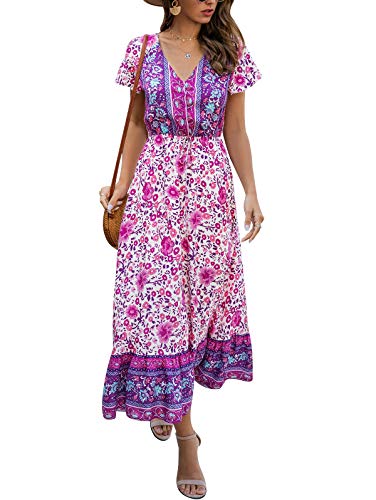 Temofon Women's Dresses Summer Bohemian Casual Short Sleeve Floral Print Maxi Dress Purple M #TOP22