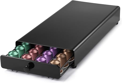 Coffee Pod Drawer Holder, Compatible with Nespresso Capsules, Metal Capsule Storage Box, Modern Capsule Organizer for Home Kitchen Counter, Holds 40 Capsules