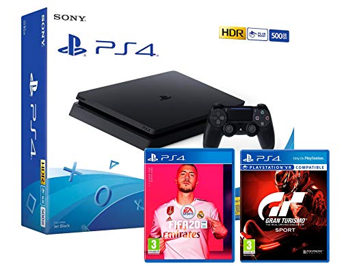PS4 Slim 500Gb Negra Playstation 4 Consola + FIFA 20 + Gran Turismo Sport "GT Sport"