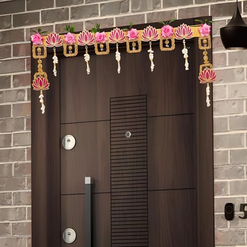 Image of torans for Entrance Door, Flower Hanging for Home Decor| Lotus Hanging for Decoration with Pink Roses & Lotus,Thoran,Bandhanwar for Main Door Diwali Decoration,Size 37 to 41 Inch