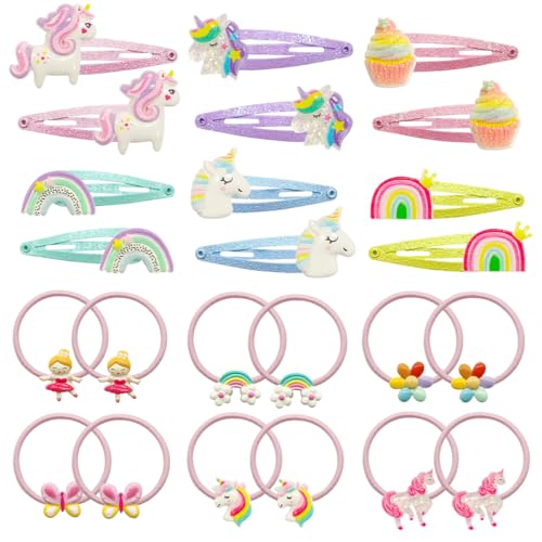 24 Stück Haarspangen Haargummis Mädchen, Einhorn Haarspange, Glitzer Haarreifen, Cartoon Clips für Kinder, Niedliche Pferdeschwanz Inhaber