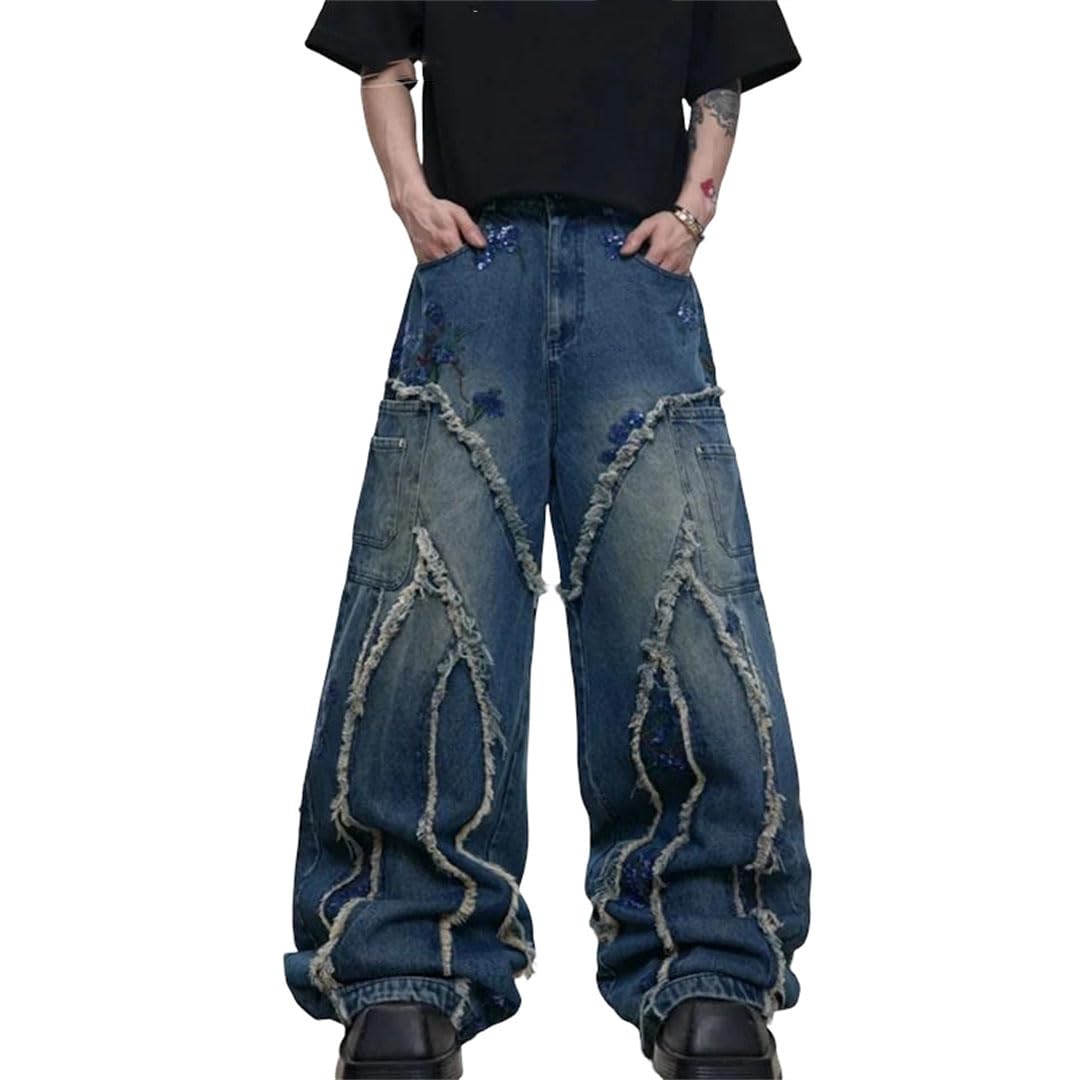 Mens Burr Patch Denim Jeans - Wide Leg Loose Comfort Concise Original Street Design Fit Pants