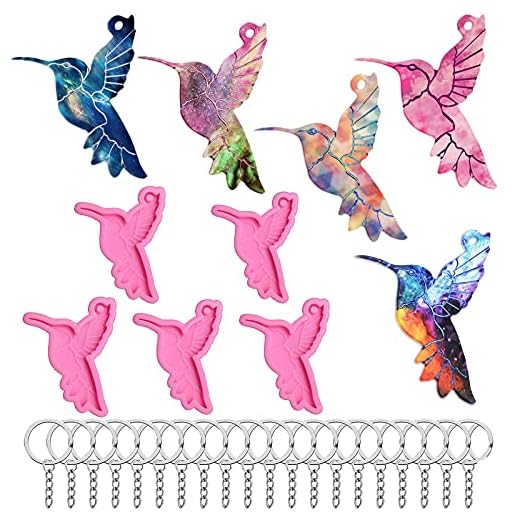 Hummingbird Keychain Silicone Resin Molds - 5 Pieces Hummingbird Silicone Mold Resin Keychain Mold with 20 Pieces Keychain Rings for Keychain Jewelry Resin, Pendant, Earring DIY Crafts Making Supplies