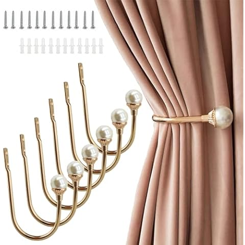 Coolnice 6 Pack Curtain Holdbacks Wall Mounted Curtain Tiebacks Hooks Plastic Pearl U Shape Curtain Tiebacks with Screws Curtain Ties for Home Office -Gold Cover