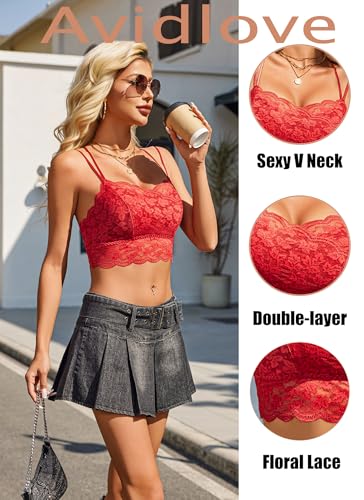 Image of Avidlove Bralettes for Women Lace Camisole V Neck Double-Layered Adjustable Strap Tank Cami Crop Top