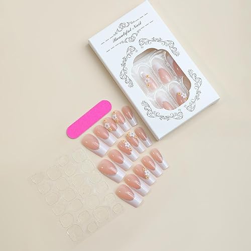 Miniatura 3 de Foccna Uñas postizas blancas largas a presión, 3D, uñas postizas cuadradas con diamantes de imitación brillantes, uñas artificiales para mujeres y