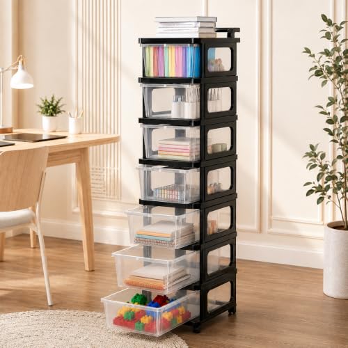 Image of Heavy Duty Plastic Storage Drawer with Wheels | Modular Cabinet for Bedroom, Office, Home or Classroom| Chest of Drawers Organiser for Cosmetics, Kitchen items, Toys (Transparent, 7)