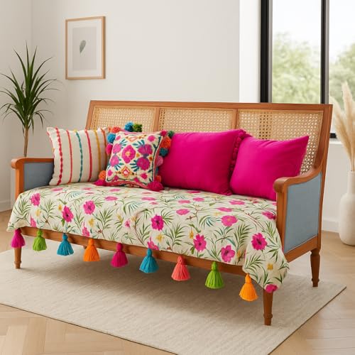 Image of Neutral Tropical Floral with Tassels Anti-Slip Sofa Covers- Heavy-Duty, Scratch-Resistant, 5 Seater Sofa Covers 3 seater and 1 and 1seater -Only Seat Protection -Set of 3 Covers- (3+1+1 Seater)